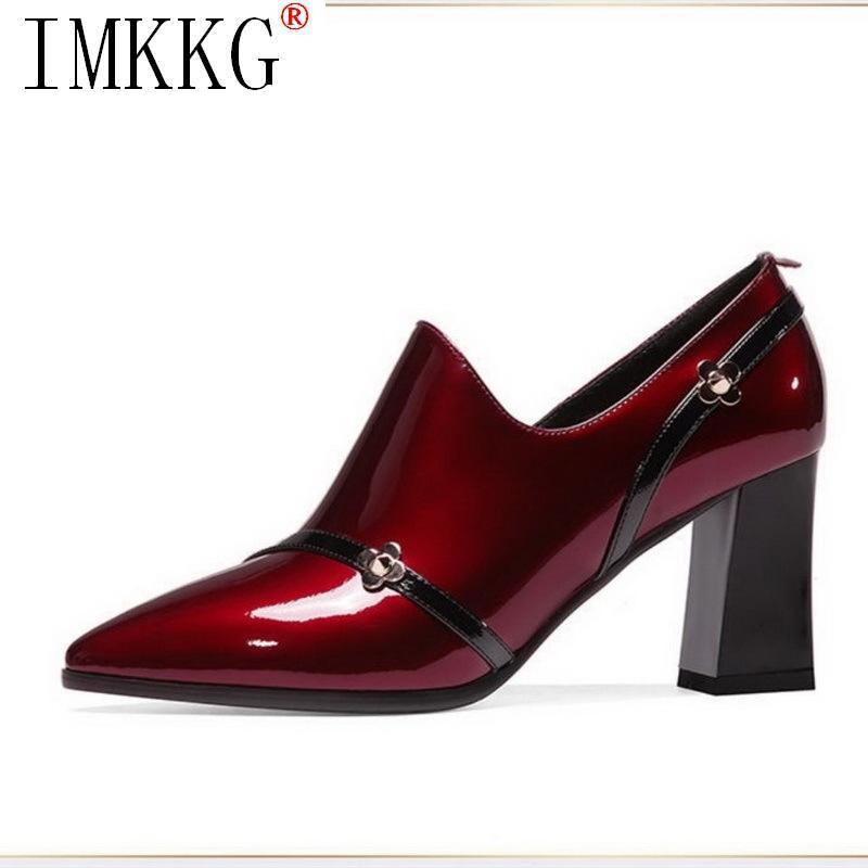 

Retro Metal Decor Women High Heel Wedding Shoes Woman Soft Patent Leather Shoe Thick Pointed Toe Deep BLACK Wine-red Dress