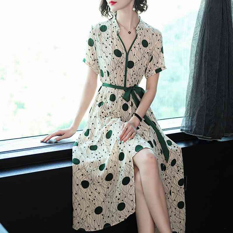 

Silk beach women' spring 2019 fashion temperament slim print silk dress long skirt, Color