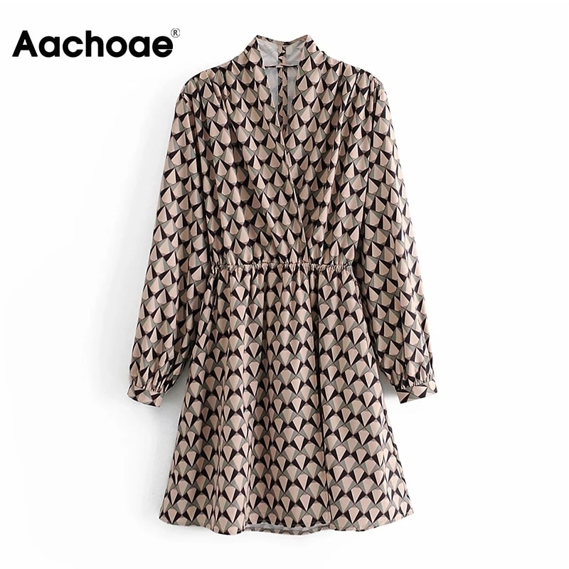 

2021geometric print a line vintage dress women elegant v neck elastic waist dresses female long sleeve party mini dress, Black;gray