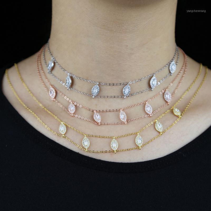 

Real 925 Sterling Silver Necklace Water Drop Shaped Cz Charm Choker 32+8cm For Women Double Layers Link Chain Chains