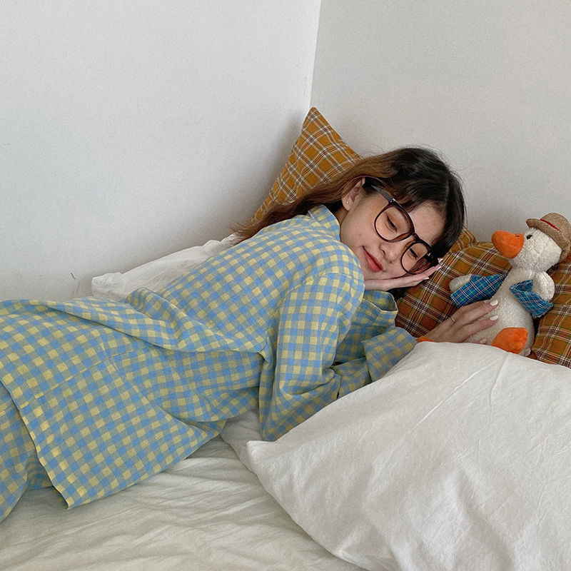 

2021autumn pajama sets ulzzang plaid preppy long sleeve soft lovely girls nightwear loose trendy daily chic 2 piece womens sleepwear, Black;red