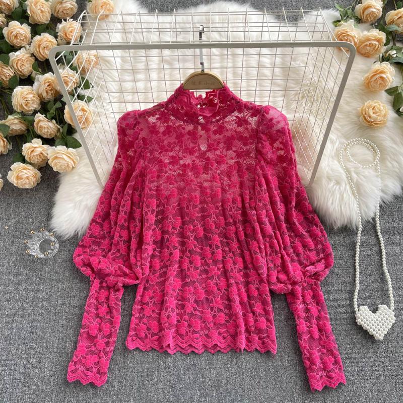 

Women's Blouses & Shirts C353 2021 Fashion Jacquard Stand Collar Shirt Long Sleeve Solid Color Tops Mujer Blusas Blouse, Blue