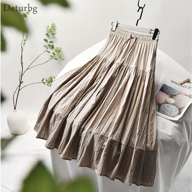 

Casual Dresses Womens Elegant Vertical Stripes Cotton Skirt Female Korean High Waist Pleated Lace-up White A-Line Midi Skirts Summ, Milk tea