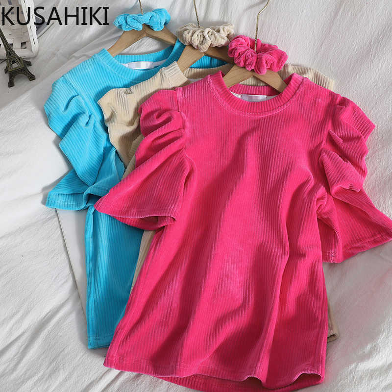

KUSAHIKI Spring Korean Puff Short Sleeve Women Graphic Shirts Causal O-neck Solid Tops Blusas Mujer De Moda 6E302 210602, Blue