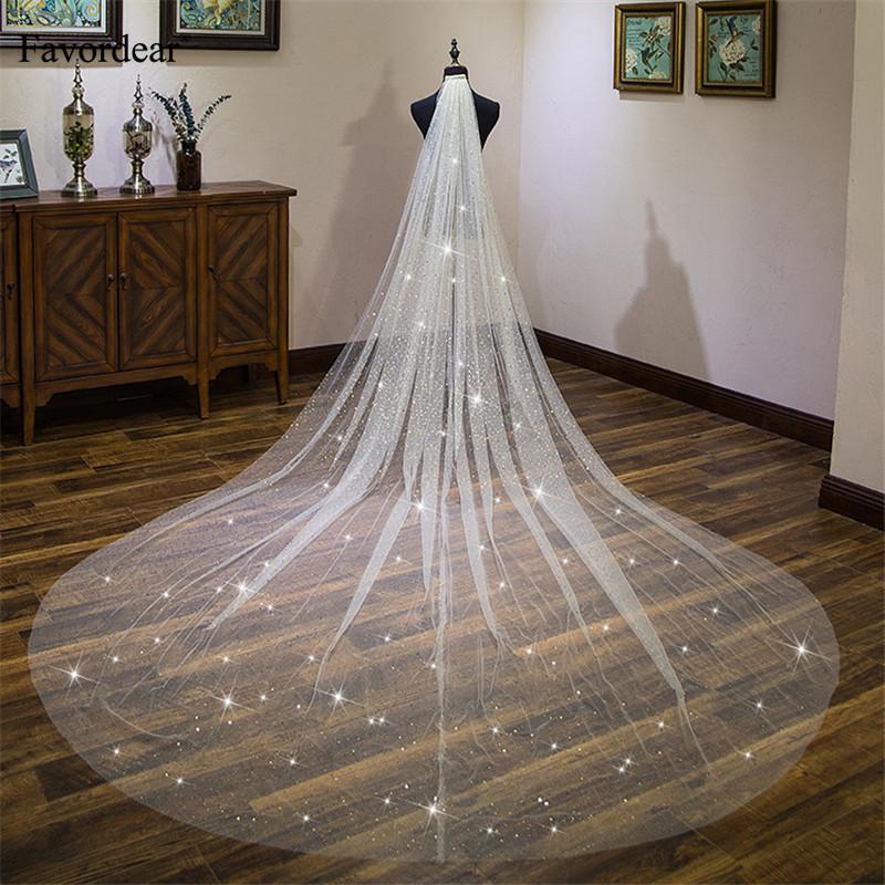 

Bridal Veils Favordear Accessories Champagne Shiny 4m Cathedral Wedding Veil Long Train Velos De Noiva 1 Tier With Comb