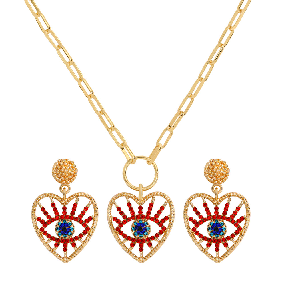 

fashion High-end Angel Eye Pendant Necklaces Earrings Set Simple Retro Diamond Clavicle Chain Alloy Rhinestone Earring French Devil Eyes Ear Jewelry Gift Bar Jump