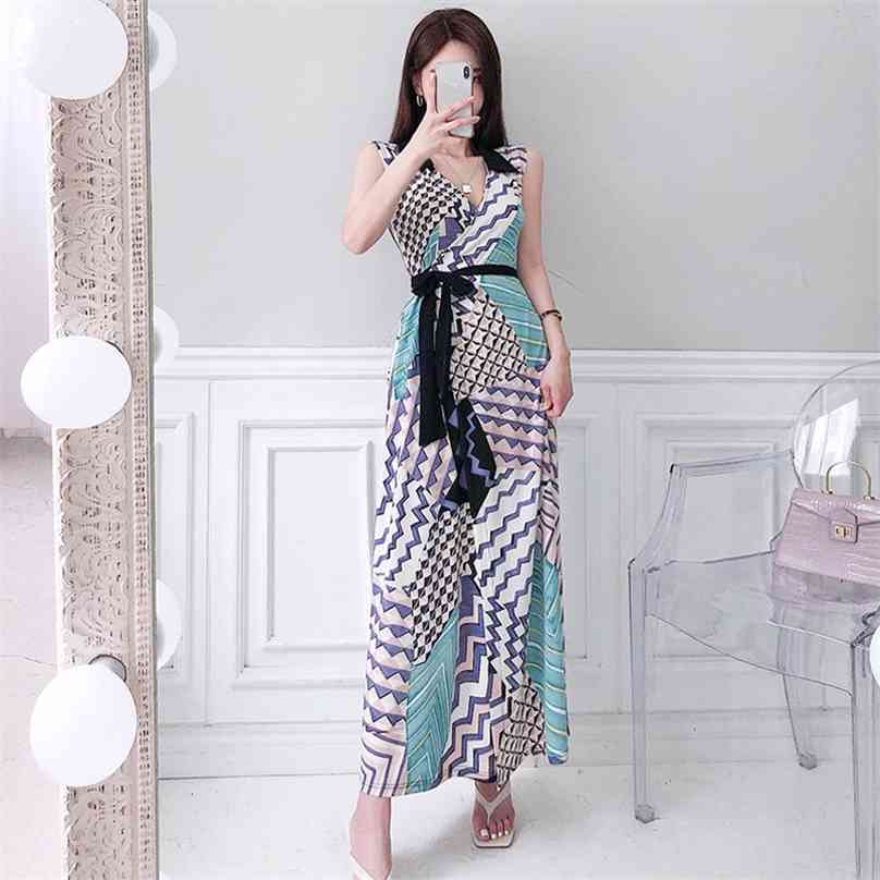 

Summer Maxi wrap dress korean Sexy Sleeveless V neck vintage clothes Long Party Dress for women clothing 210602, The picture color