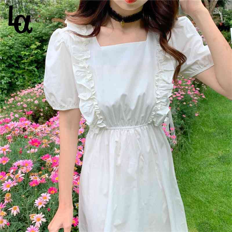 

Summer Korean Kawaii Fairy Dress Women Sweet Elegant Pink Chiffon French Csual Party Midi es for 210519, White