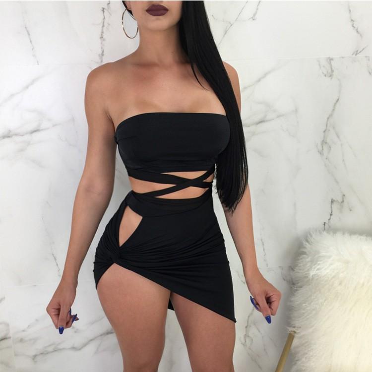

Lace Up Bandage Bodycon Women 2 Pieces Skirt Set Summer Strapless Crop Top And Mini Sexy Club Outfits Vestidos For Casual Dresses, Black;gray