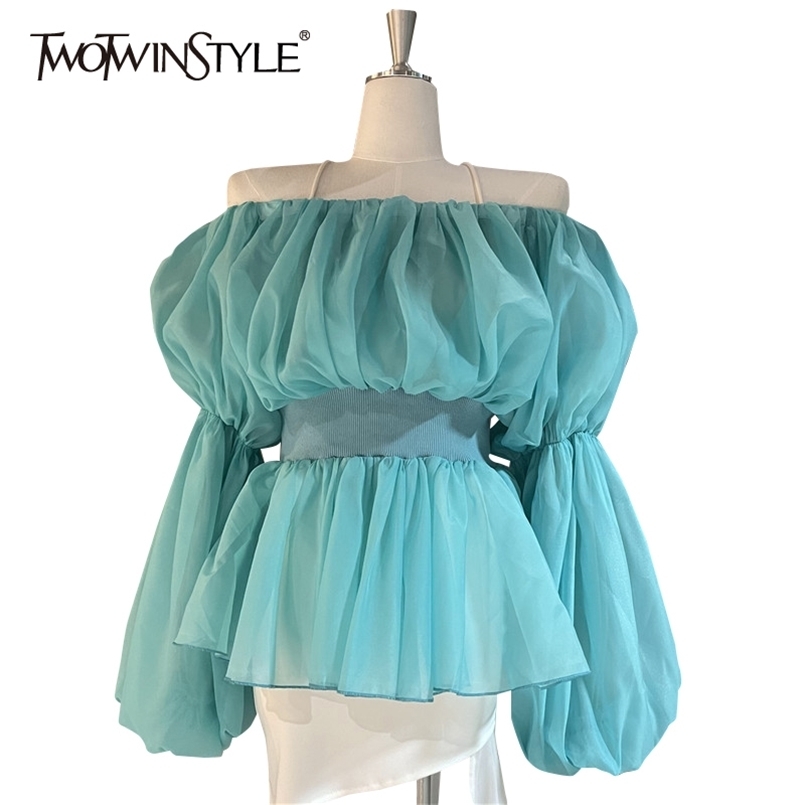 

Chiffon White Blouse For Women Slash Neck Lantern Long Sleeve Sashes Elegant Blouses Female Fashion Clothing 210524, Blue