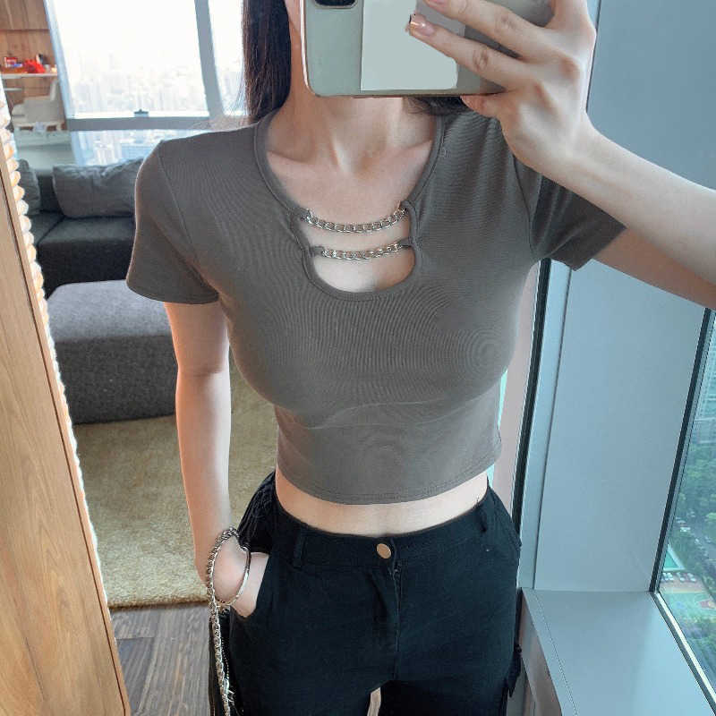 

WOMENGAGA T Shirt Women's Summer tops Chain Short Navel Sexy Tight Sleeve Top Fashion Tshirt Tee M9D6 210603, Army green
