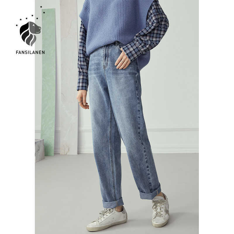 

FANSILANEN Fringe tassels casual blue straight jeans Women denim high waist boyfriends Oversize female vintage pants 210607