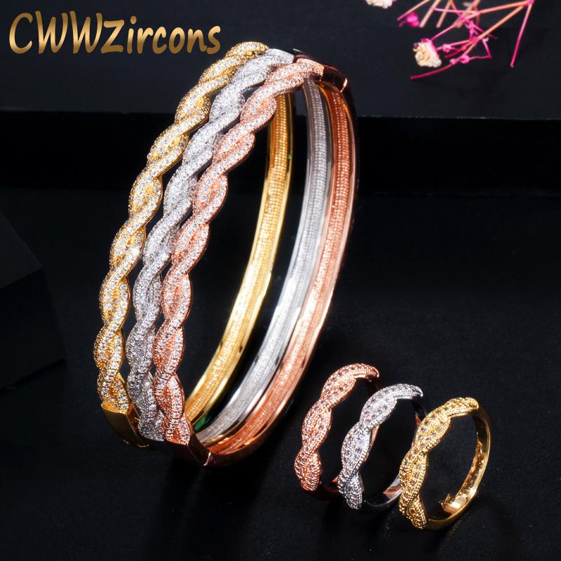 

Earrings & Necklace CWWZircons Twist Lines Cubic Zirconia Dubai Rose Gold Color Open Cuff Bridal African Bracelet Bangle And Ring Jewelry Se, Silver