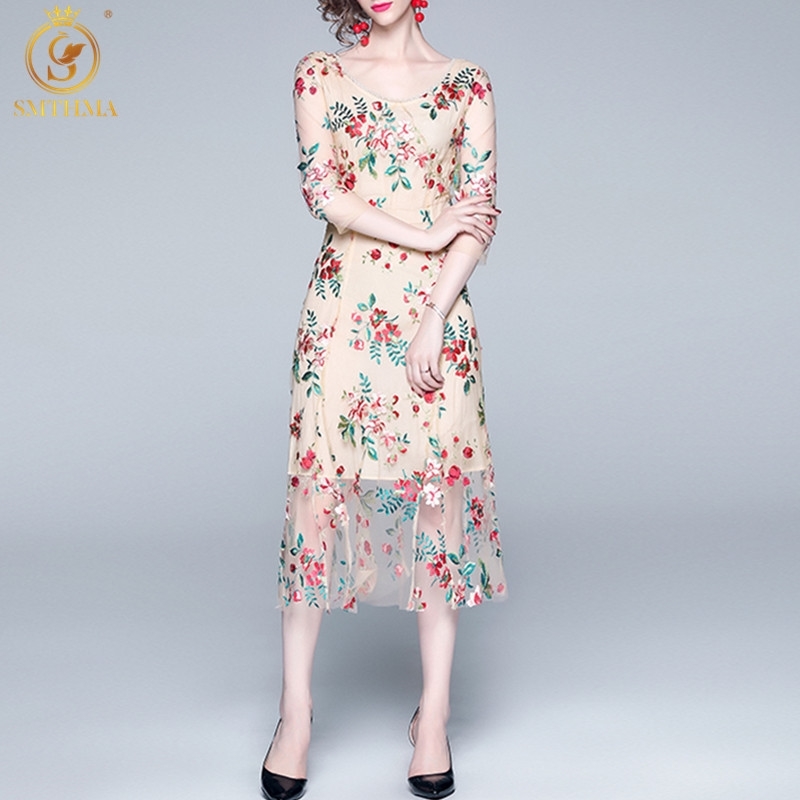 

Summer Mesh Embroidery Flowers Dress Fashion Vintage Luxury Elegant Slim Women Party Dresses Vestidos 210520, Photo color