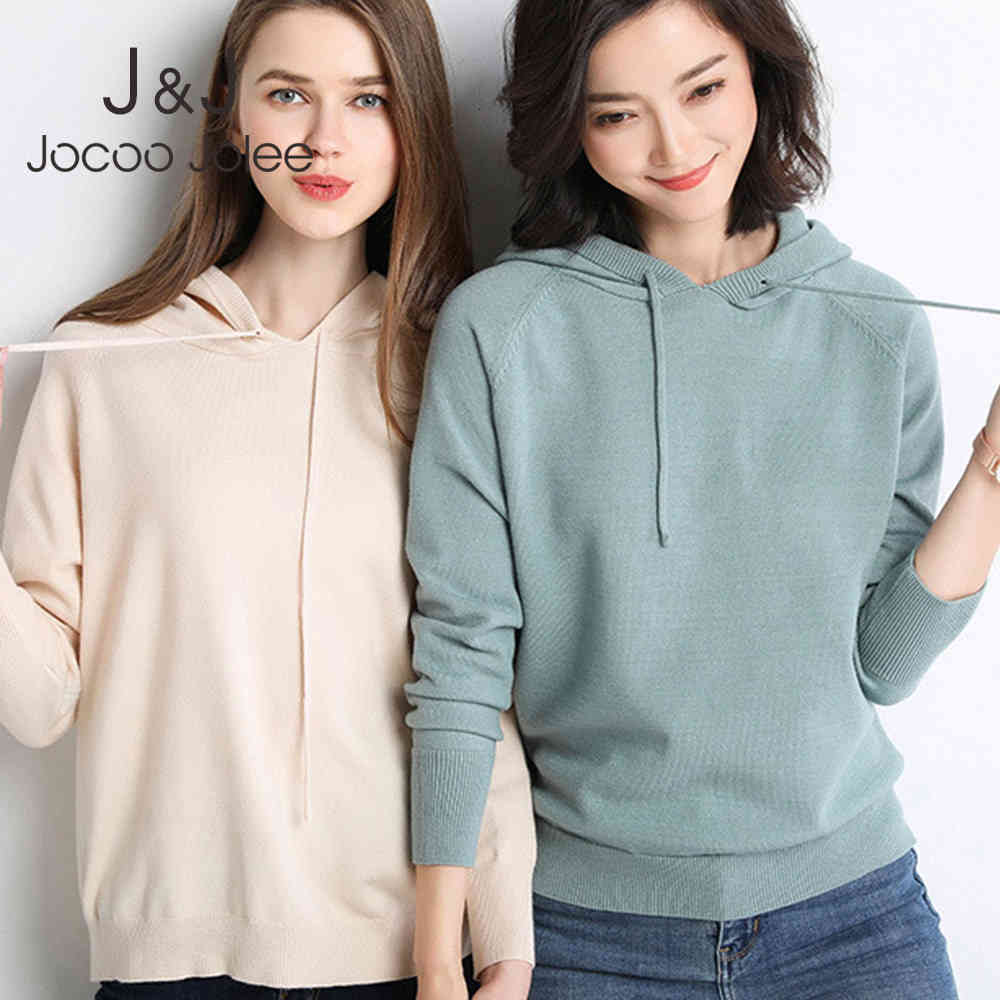 

Jocoo Jolee Women Casual 30% Wool Hooded Sweater Fall Winter Girls Knit Pullover Loose Knitting Sweatshirt Plus Size Jumper 210518, Blue