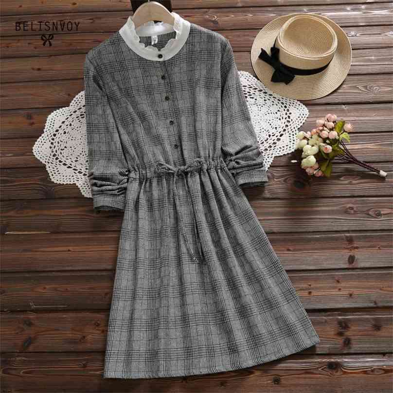 

Spring Autumn Women Preppy Style Dress Lace Patchwork Stand Collar Vintage Plaid Vestidos Verano Elegant Dresses 210520, Gray