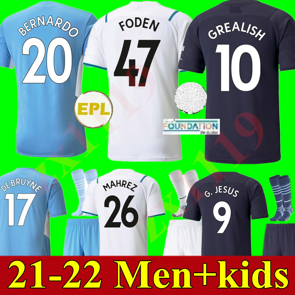 

21 22 Manchester soccer jersey MAN GREALISH CITY STERLING FERRAN DE BRUYNE FODEN 2021 2022 football shirts men + kids kit sets uniform, Black;yellow