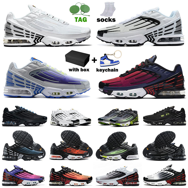 

Authentic tn plus 3 tuned mens womens running shoes tns III stripe white black laser blue neon green wolf grey tiger radiant red grey sneakers trainers With Box, Tn34 39-45 court purple