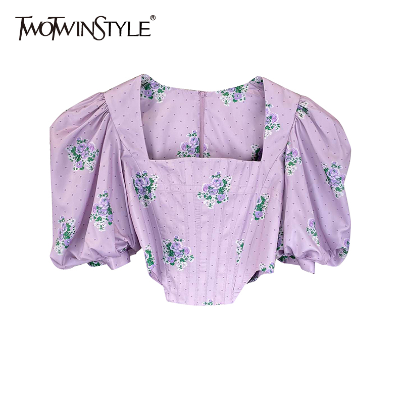 

Purple Casual Print Floral Shirts For Women Square Collar Puff Short Sleeve Blouses Female Summer Fashion 210524
