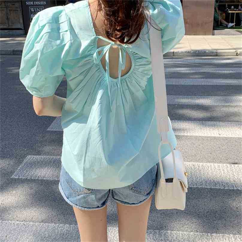 

Green Minimalist Backless Cotton Sexy Loose Solid Girls Sweet Summer Short Sleeves Chic All Match Tops Blouses 210525, Photo color