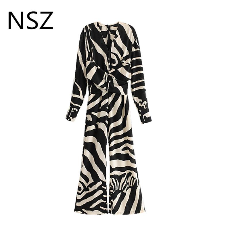 

Women' Jumpsuits & Rompers NSZ Women Animal Print Zebra Chiffon Long Sleeve V Neck Romper Overalls, Black