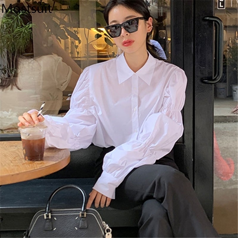 

Korean Stylish White Puff Sleeve Women Blouse Shirts Spring Turn-down Collar Solid Basic Streetwear Fashion Ladies Blusas 210518