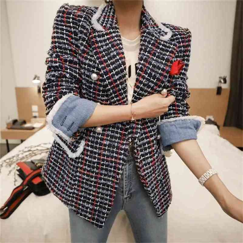 

High Quality Winter Plaid Tweed Short Suit Jacket Abrigos Mujer Invierno Long Sleeve Women's Wool Coat 210603, Picture color