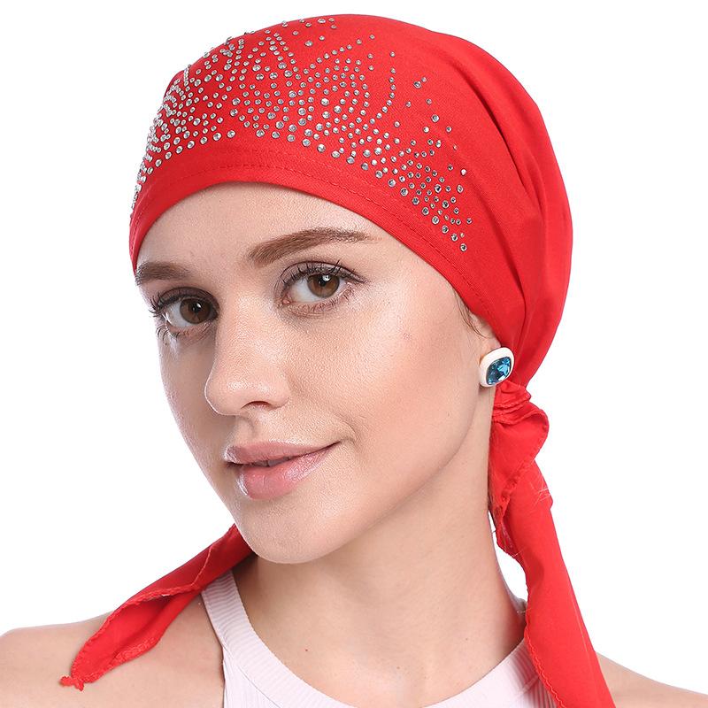 

Scarves Women's Solid Color Muslim Hijab Stretch Headscarf Islamic Caps Turban Rhinestone Elastic Cotton Scarf Headwear