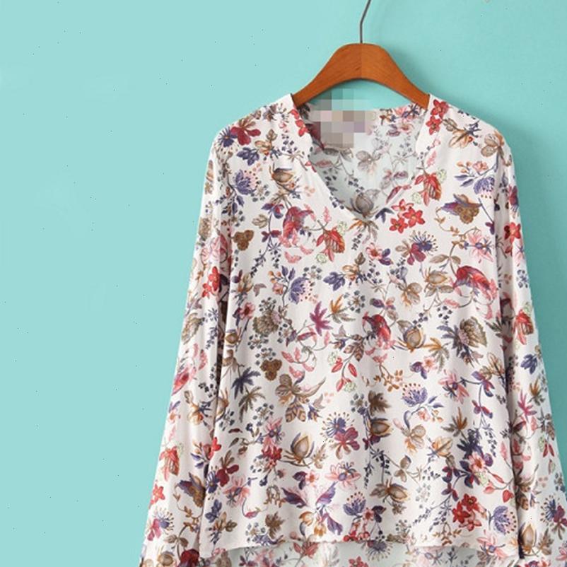 

women shirts autumn retro soft cotton v neck long sleeve shirt floral print blouse drop, White