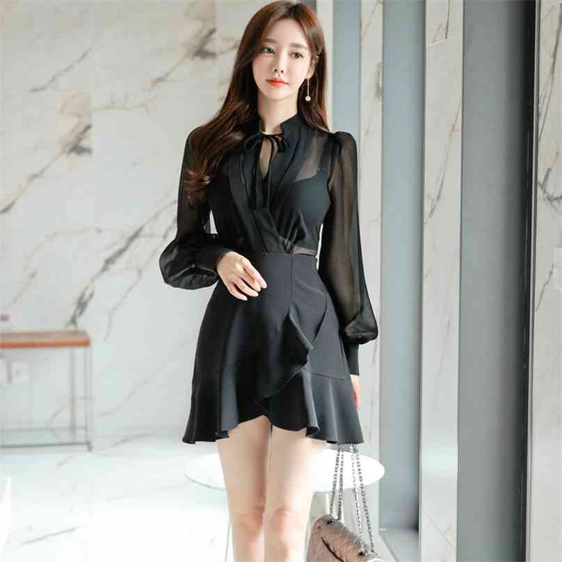 

winter han edition fashion temperament elegant show thin and sexy see-through lace a-line dress 210602, Black