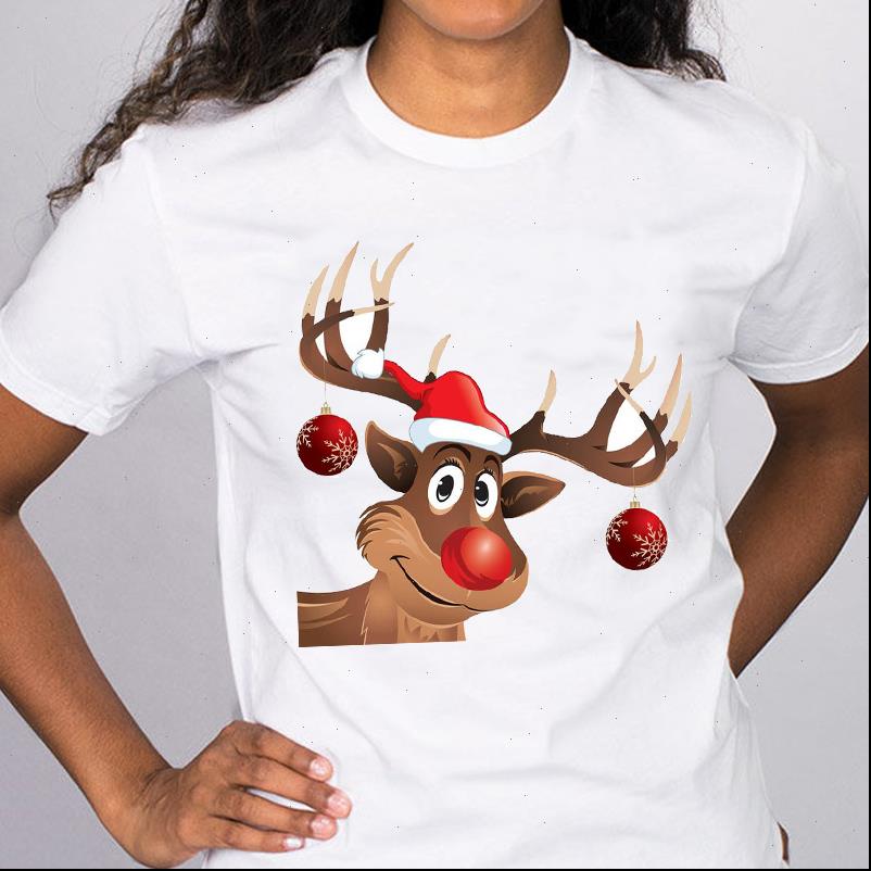 

Women Tops Graphic Deer Cartoon Kawaii Happy Time Cute Merry Christmas Clothes Print Tees Clothing Female T Shirt, White