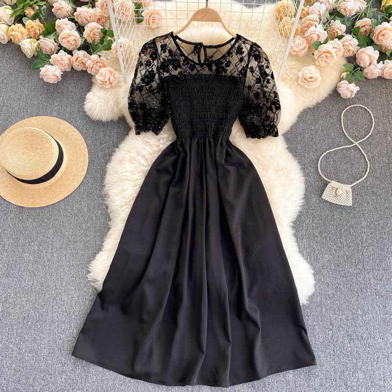 

Summer Women Sequins Embroidered Dress Black Short Puff Sleeve High Waist Patchwork Party Vestidos Female High Waist Slim Robe Y0603, Beige patchwrok