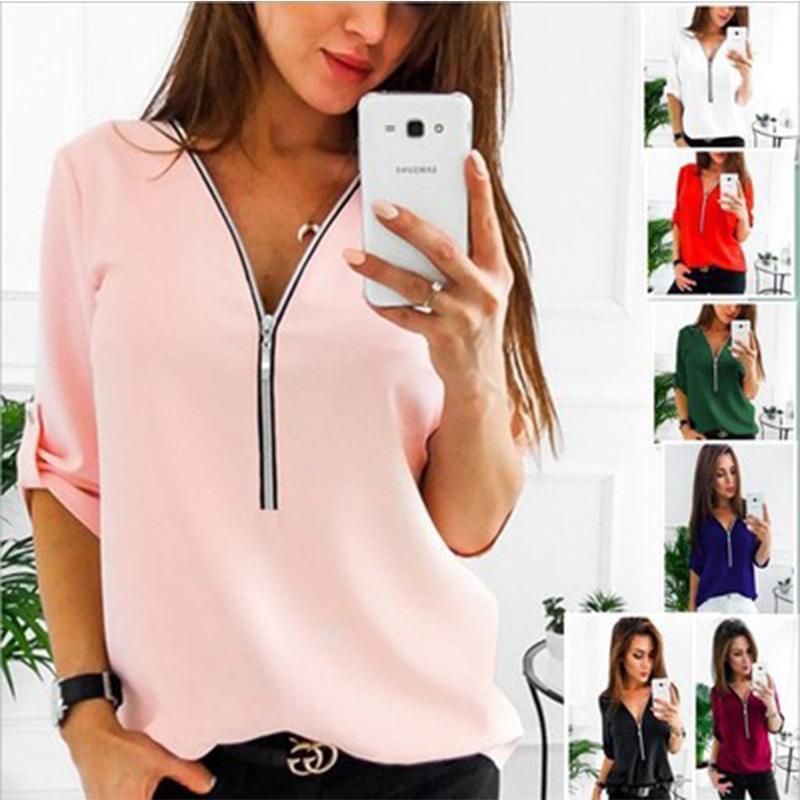 

Women's Blouses & Shirts Chic 2022 Arrivals Women Fashion Long Sleeve V Neck Loose Chiffon Blouse Shirt Solid Lady Tops Plus Size Zanzea Fri, White