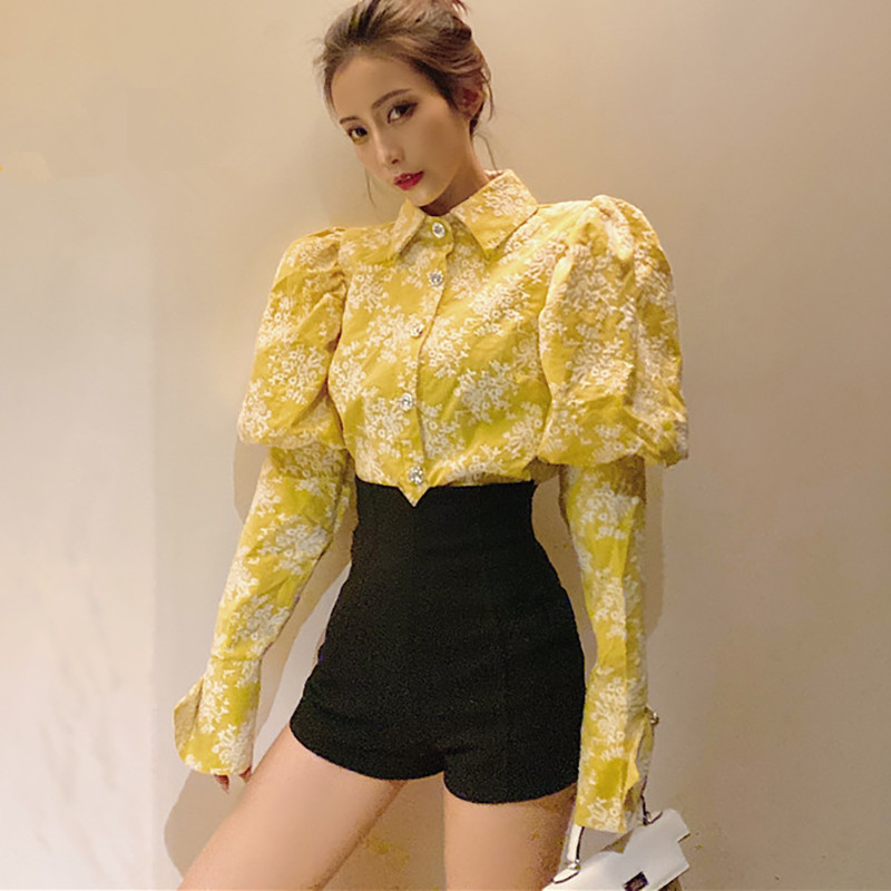 

ZAWFL Vintage Single Breasted Neck Blouse Puff Long Sleeve Fashion Slim Women Shirt Summer Korean Solid Top Blusas 210525, Picture color
