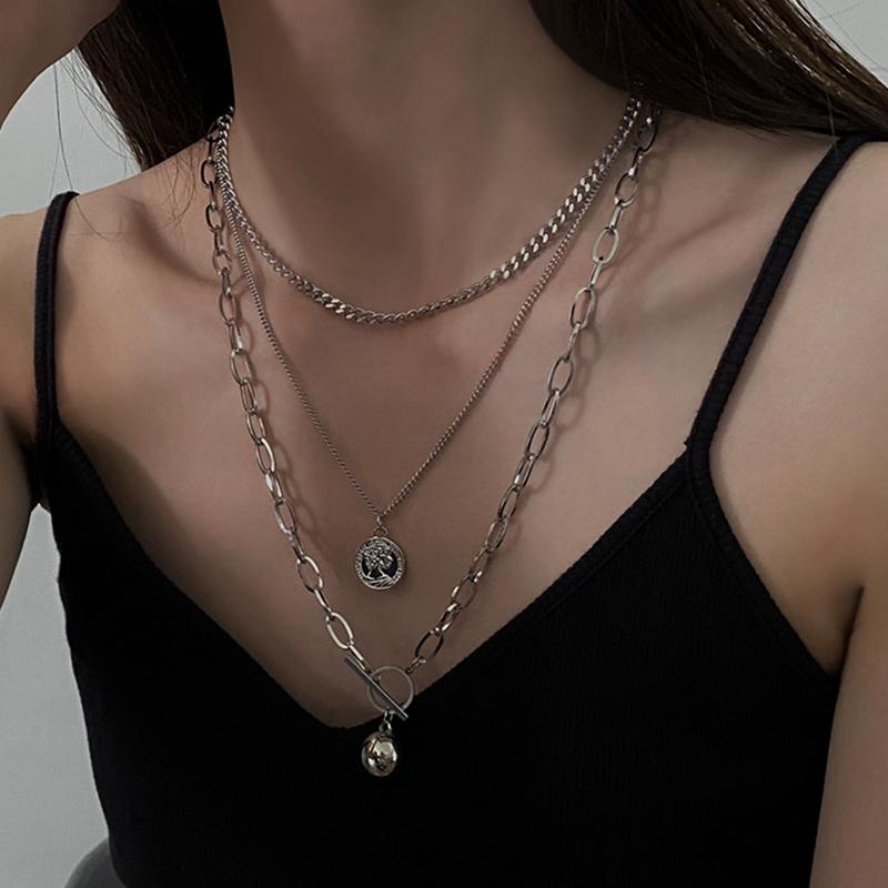 

Pendant Necklaces Trendy Metal Ball Coin Cross Multi-layer Punk Design Long Chain Necklace For Women Men Jewelry Gifts