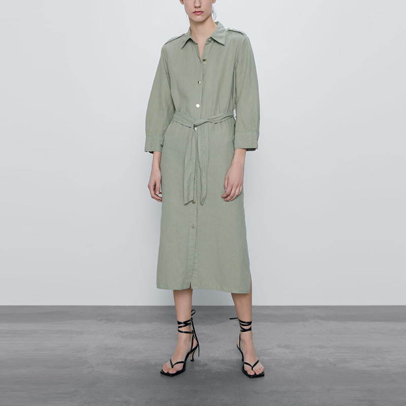 

Casual Office Lady Shirt Dress Long Sleeves Turn Down Collar With Sash Mid Calf Split Party Cotton Linen Female XZ2416 210525, Green