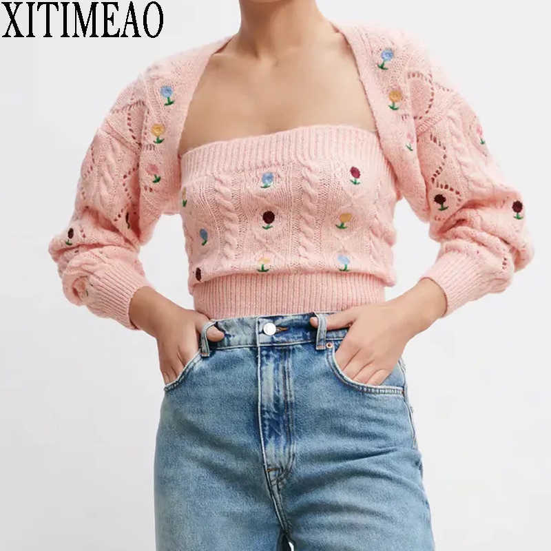 

ZA Women Fashion Floral Embroidered Knitted Cardigan Vintage Long Sleeve Sweater+Knitted Chest strap Top 2-piece Set XITIMEAO 210602
