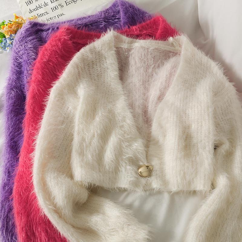 

Women's Knits & Tees Sueters De Mujer Autumn Cropped Cardigan V Neck Long Sleeve White Sweater Coat Mohair Top One Button Wild Solid Pull Sw