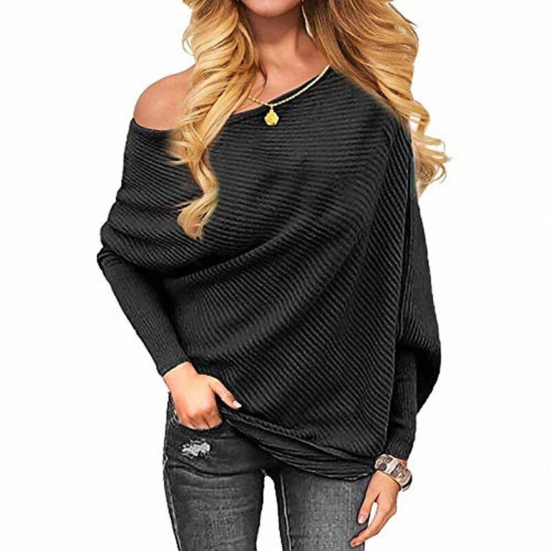 women's Pullover Sweater Knitted Solid Color Casual Sexy Long Sleeve Batwing Sleeve Loose Sweater Cardigans One Shoulder Fall Winter Camel W-image-756089435