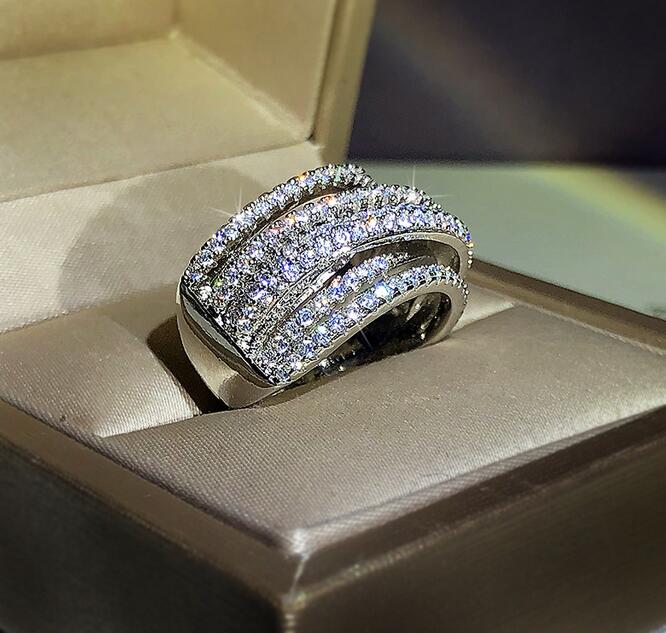 

Luxury wedding Jewelry 925 Sterling Silver Pave White Sapphire CZ Diamond Gemstones Party Women Engagement Band Ring