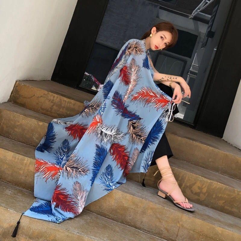

Scarves Ethnic Style Women Feather Printed Chiffon Scarf Big Size Summer Beach Sunscreen Shawl Cover Up Wrap Female Bandana, Blue;gray