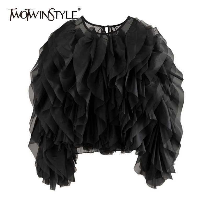 

TWOTWINSTYLE Vintage Patchwork Ruffle Shirt For Women O Neck Lantern Long Sleeve Solid Elegant Blouse Female Fashion Style 210721, Rosered