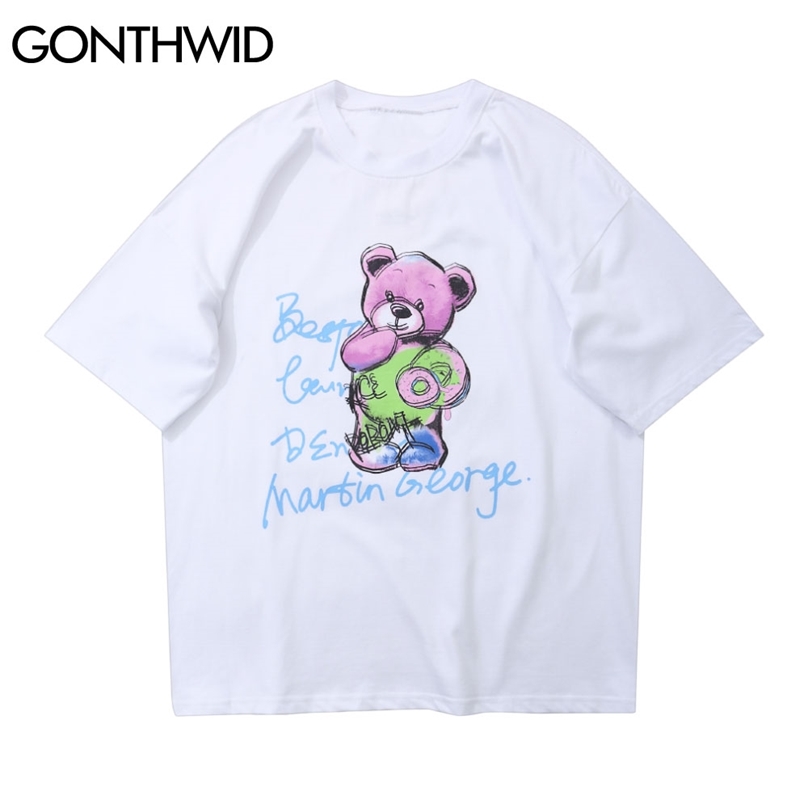 

T-Shirts Hip Hop Cartoon Donuts Bear Casual Cotton Tees Shirts Harajuku Short Sleeve Tshirts Mens Summer Fashion Tops 210602, Black