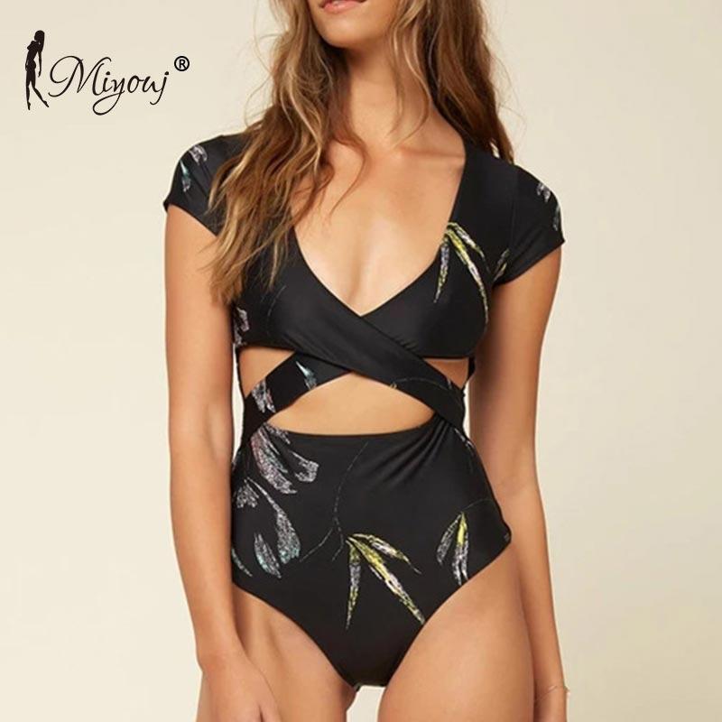 

Miyouj Hollow Out Swimsuit Cross Sexy Swimwear Women 2021 Push Up Beachwear With Zipper High Waist One-Piece Suits Short Sleeves
