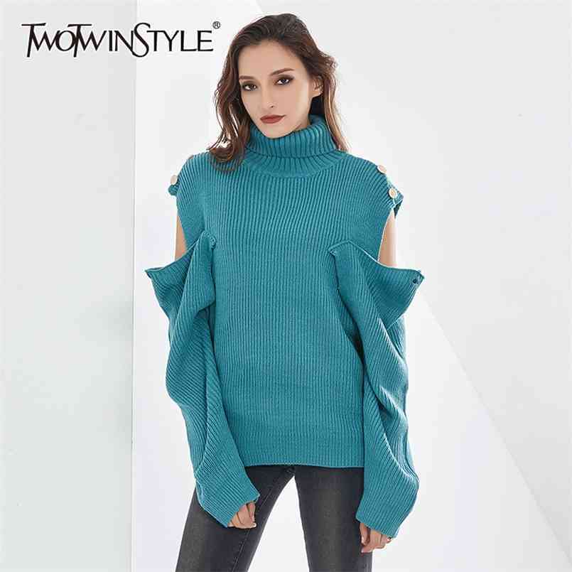 

Korean Off Shoulder Sweater For Women Turtleneck Long Sleeve Hollow Out Casual Sweaters Female Fashion Clothes 210524, Green