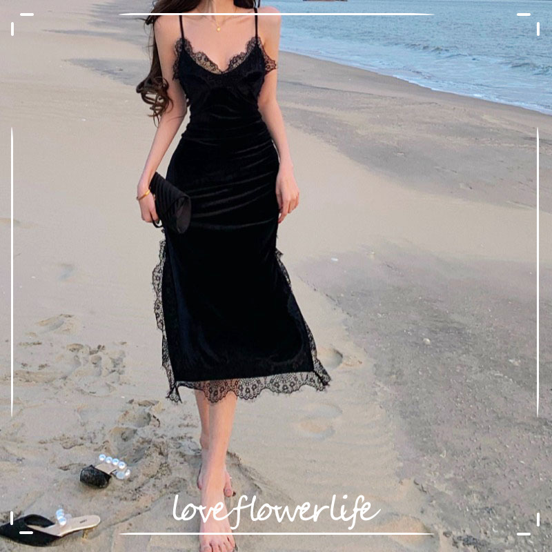 

Black Vingate Strap Dress Women Sexy V-neck Lace Elegant Midi Dress Female Beach French Dress Korean Summer Y2K 210521