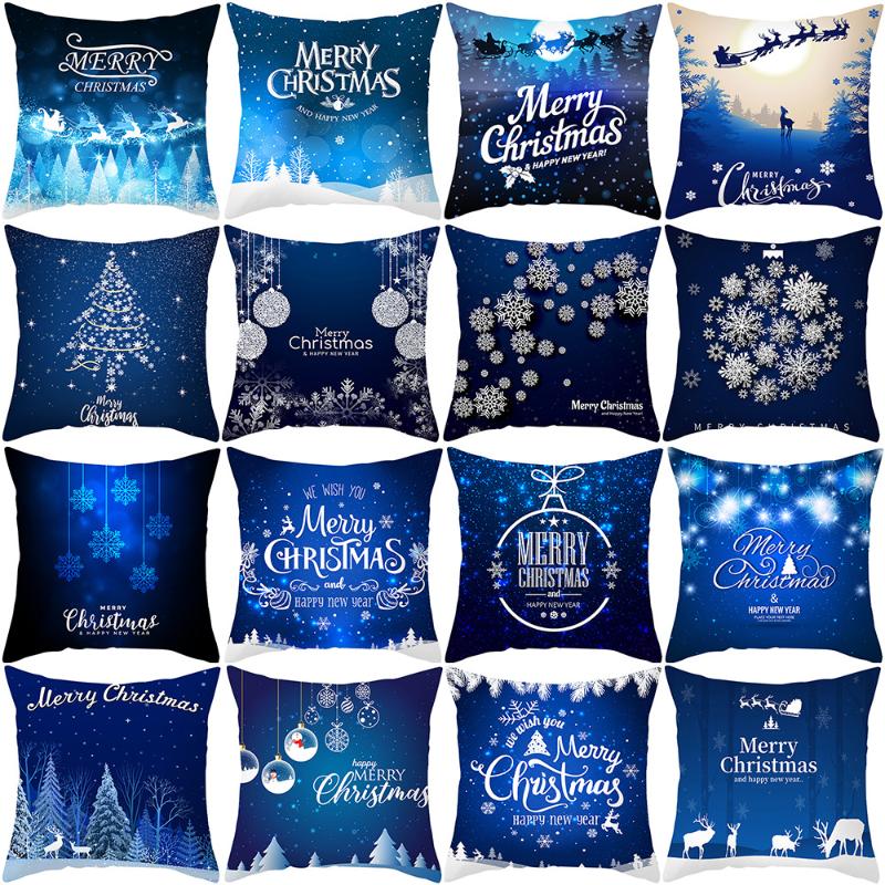 

Cushion/Decorative Pillow Cross-border Christmas Cover Elk Printed Peach Velvet Sofa Deep Blue Snowflake Scenery Home, Tpr410-10
