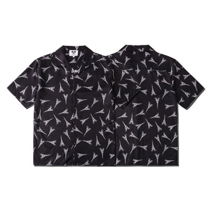 

2021 Summer Fashion Brand Men's and Women's Net Red Same Paris Tower Print Short Sleeve Loose Lapel Shirt, White;black