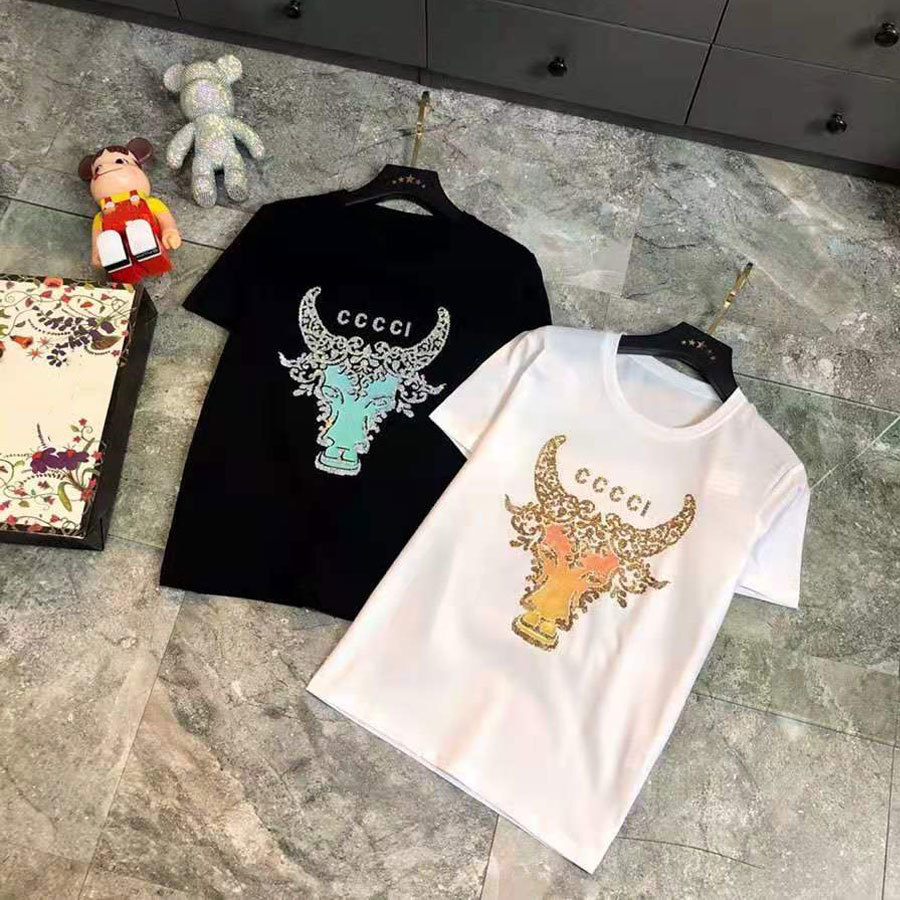 

2021 spring and summer new heavy industry iron drill horn letter printing design wide mercerized cotton short sleeve T-shirt for men, White