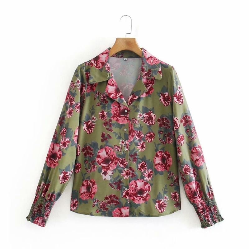 

Spring Women Floral Puff Sleeve Blouse Turn Down Collar Printed Vintage Casual Shirt Female Retro Tops NX2113 210525, Army green